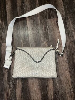 Calvin Klein Cream Logo Crossbody Bag with White Strap